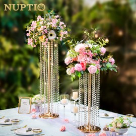 Nuptio 2 Pcs 35.4inch Tall Gold Crystal Wedding Centerpieces Flower Vases for Party Tables Decorations