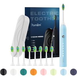 7AM2M 7AM2M Sonic Electric Toothbrush for Adults and Kids, with 8 Brush Heads and Travel Case,5 Modes with 2 Minutes Build in Smart Timer, One Charge Use for 90 Days, Rechargeable Toothbrushes (Light Blue)