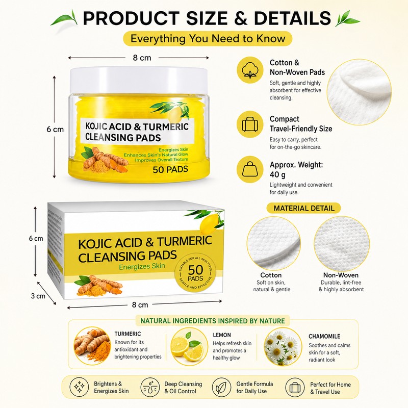 Turmeric Kojic Acid Cleansing Pads for Face – 50 Exfoliating