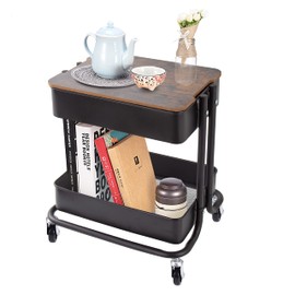 Melody House 2 Tier Metal Utility Rolling Cart Storage Organizer with Cover Board, Mobile Trolley Sofa Side Table with Wheels for Office Home Kitchen Organization, Black