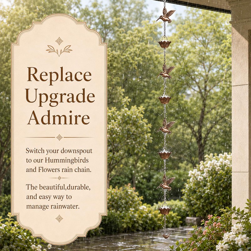 Humming Bird Rain Chain for Gutters, 8.5ft Hummingbird & Lotus