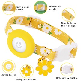 Airtag Cat Collar, JXFUKAL Kitten Collar Breakaway with Silicone Airtag Holder, Bells & Flower Charm for Girl Cats Boy Cats Small Dogs(Yellow)