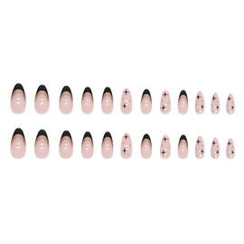 Black Gold French Fake Nails - Press On, Medium Almond, Black Stars, 24Pcs, Artificial Acrylic, Full Cover, Reusable Coffin Nails, Glue On, for Women's Manicure