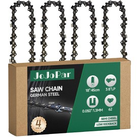 4 Pack 18 Inch Chainsaw Chain 3/8" LP Pitch .050" Gauge 62 Drive Links Low Kickback Saw Chains Compatible with Husqvarna Echo Kobalt Poulan Ego Craftsman Greenworks and More and More S62