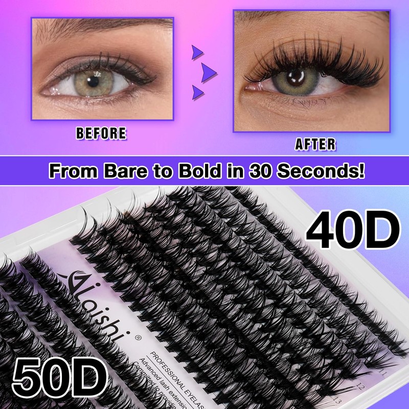 AILAISHI Lash Clusters Kit, DIY Cluster Eyelash Extensions 9‑16mm, 40D+50D,