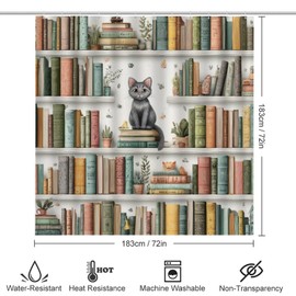 4PCS Cute Kitten Bookshelf Shower Curtain Set 72W X 72L, Country Rustic Book Succulent Print Bathroom Decor, Toilet Lid Cover Non-Slip Rugs and U-Shaped Mat Set 12 Hooks