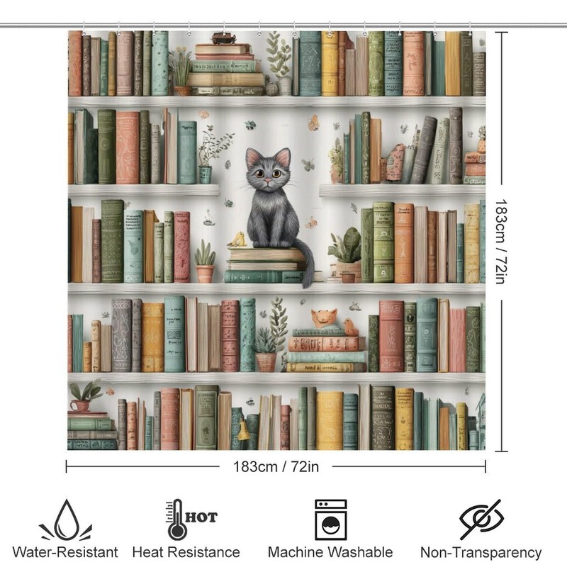 4PCS Cute Kitten Bookshelf Shower Curtain Set 72W X 72L,