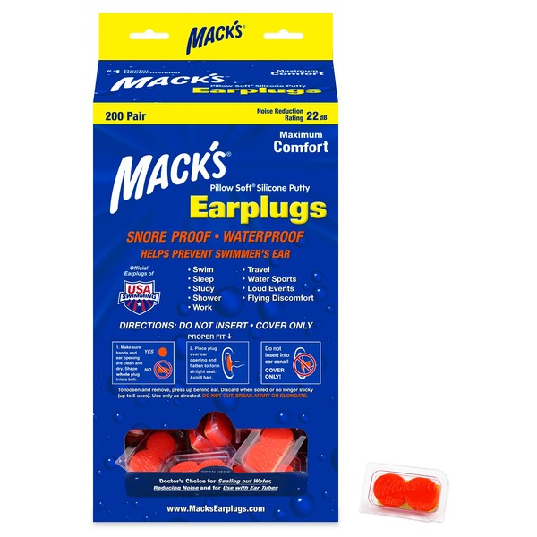 Mack's Pillow Soft Silicone Earplugs - 200 Pair Dispenser - The Original Moldable Silicone Putty Ear Plugs for Sleeping, Snoring, Swimming, Travel, Concerts and Studying (Orange)