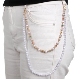 Grevosea Layered Pants Chain for Men Women Rhinestone Flower Pearl Purse Chain Punk Wallet Chains for Jeans Belt Keychain Clothing Goth Accessories