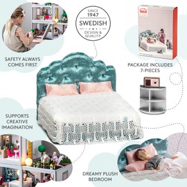 LUNDBY Dolls House Furniture Bedroom Set – Doll Bed – Doll House Accessories for 11cm Mini Dolls – 7-pieces, Age 4+ Scale 1:18