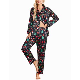 Ekouaer Women's Classic Button Down Long Satin Silk Pajama Set,Small,Black Chirstmas Pattern