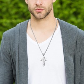 YL Cross Necklace for Men Stainless Steel White Gold Pendant Rolo Chain Jewelry