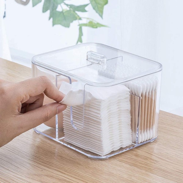 Cotton Pads Holder, 4 Grid Cotton Balls Swab Holder Q-Tip Dispenser Organizer Container for Makeup Pads Cosmetic Storage with Lid, Acrylic Crystal Clear