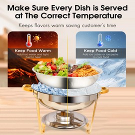 4 Pack 5QT Round Stainless Steel Chafing Dishes Buffet Complete Set - Heating and Cooling Chafing Dishes with Holder and Glass Lid Water Pan & Glass Lid for Catering, Weddings, Parties, Gold
