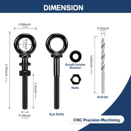 Helffer 5 Pack Black Titanium Shoulder Eye Bolt, 1/4" x 2" Shank T316 Stainless Steel Heavy Duty Lifting Eyebolts with Nuts Washers & Drill Bit, for Cable Railing, Deck, Marine Grade