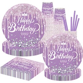 Purple Party Supplies Party Tableware Including Purple Plates, Cups, Napkins Straws Serves 10 for Purple Birthday, Baby Shower, Party Decorations