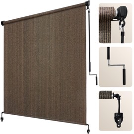 Artpuch Outdoor Roller Shade 7' W x 8' H, Mocha Exterior Cordless Patio Shades Roll Up Blinds with Spliced Pole Design, (2 Poles, One-Piece Fabric)