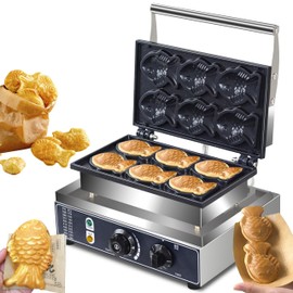 Commercial Taiyaki Fish Waffle Maker Machine,1600W Non-stick Electric Japanese Fish Shaped Waffle Cones, Stainless Steel Professional Taiyaki Machine,Making 6 Mini Closed-Mouth Fish waffles 110V