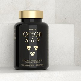 Omega 3 6 9 Capsules - High Strength 3000mg Triple Potency - Premium Fish Oil, Flaxseed & Sunflower Oil - 90 Easy to Swallow Softgel Tablets - EPA DHA ALA Omega 369 Fatty Acids Nutritional Supplements