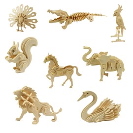 YunBey 3D Wooden Animal Puzzle Set - 8-Piece DIY Craft Set for Children & Adults, Educational Toy with Swan, Parrot, Squirrel, Peacock, Lion, Horse, Elephant & Crocodile