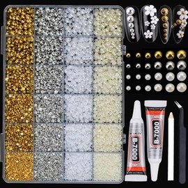 9000Pcs Flatback Pearls with Tweezers for Crafting, Gold Silver Beige White 2-8mm Half Round Nail Gems with 2Pcs 10ml B7000 Jewelry Glue for DIY Jewelry Face Makeup