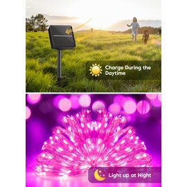 Minetom Solar String Lights for Outside, 2 Packs Total 66Ft 200 LED Outdoor Solar Fairy Lights, 8 Modes Balcony Lights for Tree Patio Christmas Party Wedding Decor (Pink)
