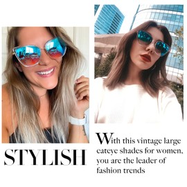 Joopin Oversized Cateye Sunglasses Trendy Mirrored Cat Eye Sun Glasses Metal UV400 Stylish Becky Shades for Women Ladies Sunnies 2 Pack (Blue + Silver)