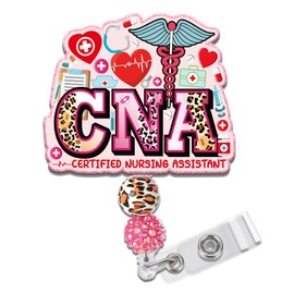 Obookey CNA Badge Reel Retractable - Pink Certified Nursing Assistant Badge Reel with Alligator Clip Beads, Acrylic ID Badge Holder for Hospital Worker Nurses, CNA Nursing Gifts Work Accessories