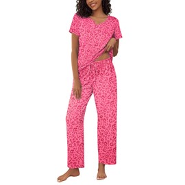 Ekouaer Womens Cheetah Print Pajama Sets Short Sleeve Pjs Top and Long Pants Lounge Sets Sleepwear with Pocket Pink Leopard X-Large