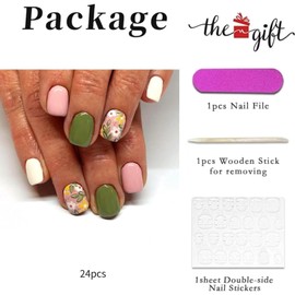 RUNRAYAY French Tip Press on Nails Short, Green Flower Press on Nails Coffin for Mother Day Gift, Nail Tips, Glitter Fake Nails Stick on Nails
