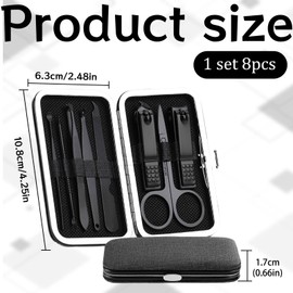 Manicure Set, Set of 8 Nail Care Set, Stainless Steel Nail Set Manicure, Nail Set with Leather Bag, Nail Set, Nail Scissors Set for Manicure Eyebrow Correction Ear Wax Removal, Unisex, Black