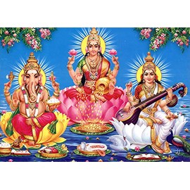 AH Decals Religious God Ganesha Ganpati with Goddess Laxmi Saraswati Wall Sticker for Diwali or Navratri Occassion New