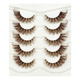 Vivis Wispy Cat Eye False Eyelashes, Brown Long Fluffy Winged Style Fake Lashes, 1.5cm, 5 Pairs
