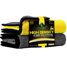 Towelogy Microfibre Car Cleaning Cloths 800gsm High Density CHEMICAL FREE Washing Drying Buffing Double Side Super Absorbent Auto Detailing Large Towels 40x40cm (Yellow/Grey, Pack Of 2)