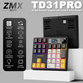 ZMX X BOYI TD31Pro Mechanical Number Pad,30 Keys Hot Swap Wireless BT5.0/2.4GHz/Type-C Wired Numeric Keypad Programmable RGB Gaming Numpad Keyboard with Knob Screen for Laptop/Mac (Black)