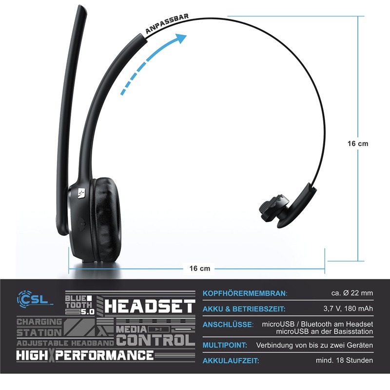 CSL - Bluetooth 5.0 Headset mit Ladestation - PC Headset