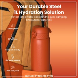 Ion8 Lightweight 1 Litre Steel Water Bottle, Non-Insulated, Leak Proof, Easy to Open, Secure Lock, Dishwasher Safe, Flip Cover, Carry Handle, Ideal for Travel & Active Lifestyles, Hearty Orange