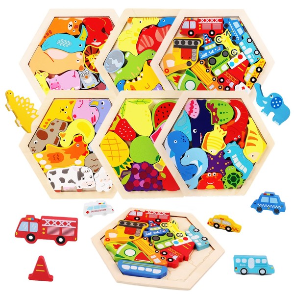 OTONOPI Wooden Puzzle, Molding Puzzle, Building Blocks, Balance Game, Hexagon, Inlay, Wooden Toys, Set of 6, Animals, Fruits, Dinosaurs, Vehicles, Educational Toys, Fingertip Training, For Girls,