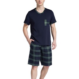 LNFINTDO Men's Pyjamas Set Short Sleeve Soft Pjs Top and Plaid Shorts for Sleepwear Loungewear with Pockets Green