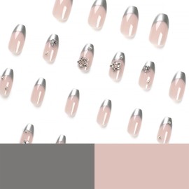 LBPEPAMZ New Generation Fake Nails,24pcs Medium Coffin Shaped Press on Nails,3d Star Rhinestone False Nail,Silver Chrome French Tip Nail Kit,Handmad Punk Metallic Artificial Nails for Women Daily Wear