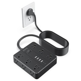 AOFO 20FT Surge Protector Power Strip,12 AC Outlets with 6 USB Ports (2 USB-C), Flat Plug Extension Cord with Multiple Outlets, Wall Mount for Home Office,Dorm,Black