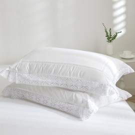 Ranznaz White Lace Pillow Shams Standard Size Set of 2, 100% Cotton Ruffle Pillow Cases with Embroidered Trim, Elegant Breathable Pillowcases with Envelpoe Closure, 20x26 Inches