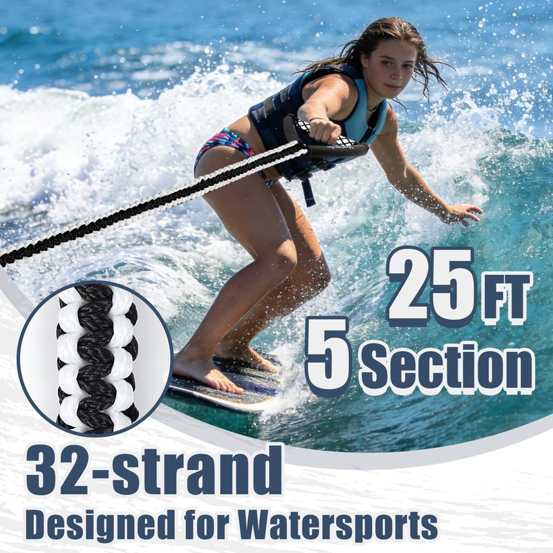 Vortexain Wakesurf Rope with Handle, 25ft 5-Section Adjustable Floating Water