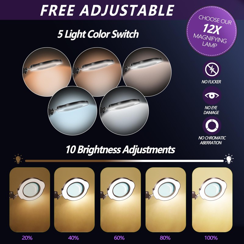 12X Magnifying Glass with Light and Stand, 5 Color Modes