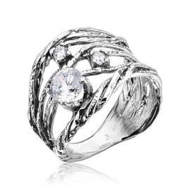 925 Sterling Silver Ring With White Round Clear Cubic Zirconia Prong Hypoallergenic Nickel and Lead-free Artisan Handcrafted Designer Collection, Made in Israel