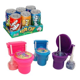 Kids Novelty Candy Set- 1 Kidsmania Soda Can Fizz Playset, 1.48 oz (1-Pack of 6) and Kidsmania Sour Flush Watermelon, Grape and Blue Raspberry Lollipops and Powder 3-Pack