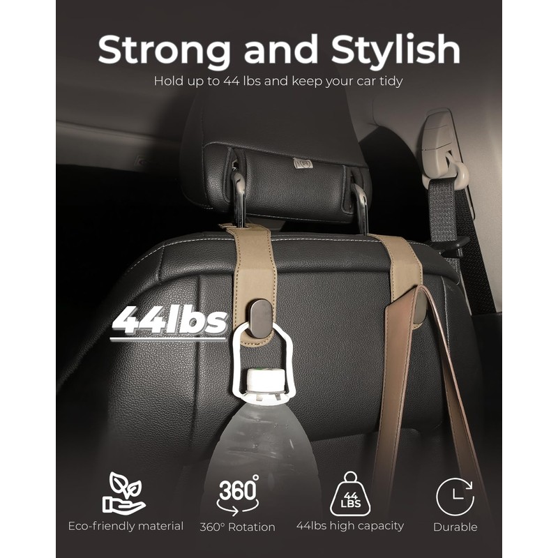 4 Pcs Car Headrest Hooks, Heavy-Duty PU Leather & Stainless
