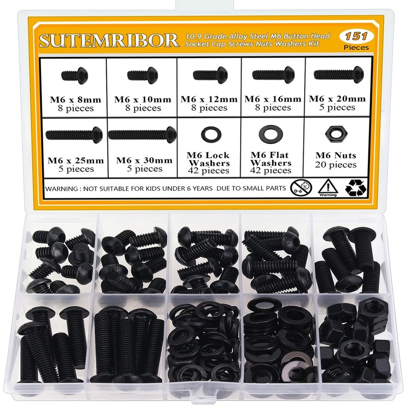 151 Pieces M6 Screws Nuts Washers Set Black, Sutemribor M6