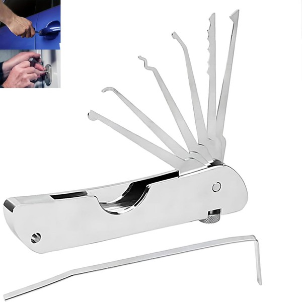 7in1 Lock Picking Kit Portable Folding Tool,Stainless Steel Single Hook