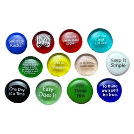 Recovery Stones, 12 Daily Reminders for Encouragement in Sobriety on Glass Stones. Perfect for 12 Step Anniversary Gifts. By Lifeforce Glass.